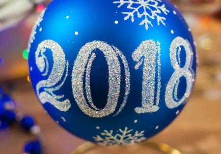 Blue Christmas tree toy in the form of a ball with the inscription 2018の写真素材