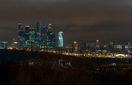 November 4, 2017 Moscow, Russia. View of the business center of Moscow City from the Sparrow Hills at night.のeditorial素材