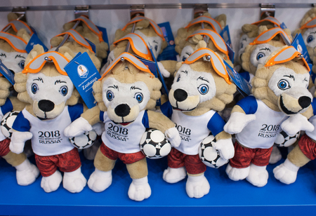 December 14, 2017 Moscow, Russia, Soft toys in the form of the official mascot of the 2018 FIFA World Cup Zabivaka wolf in the official store.のeditorial素材