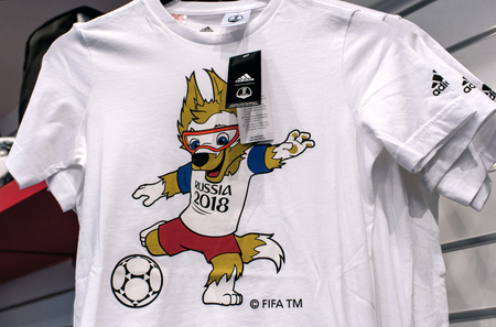 14 December 2017 Moscow, Russia, Symbols of the World Cup 2018 on T-shirts in the official store.のeditorial素材