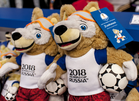 December 14, 2017 Moscow, Russia, Soft toys in the form of the official mascot of the 2018 FIFA World Cup Zabivaka wolf in the official store.のeditorial素材