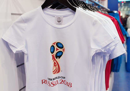 14 December 2017 Moscow, Russia, Symbols of the World Cup 2018 on T-shirts in the official store.のeditorial素材