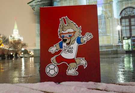 December 8, 2017 Moscow, Russia. The official mascot of the FIFA World Cup 2018 wolf Zabivaka at the Manege Square in Moscow.のeditorial素材