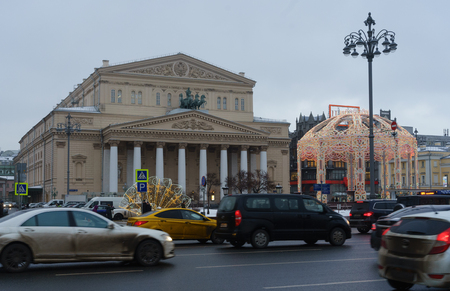 January 15, 2018, Moscow, Russia. Automobile traffic on the Theater Pass in front of the Bolshoi Theater in Moscow.のeditorial素材