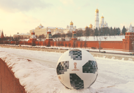 January 22, 2018. Moscow, Russia. The official ball of the FIFA World Cup 2018 Adidas Telstar 18 against the backdrop of the Moscow Kremlin. Toned.のeditorial素材