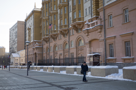 February 13, 2018 Moscow, Russia. The building of the Embassy of the United States of America in Moscow.のeditorial素材