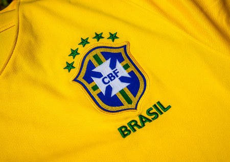 June 25, 2018 Moscow, Russia. Logo of the Brazilian Football Federation and five stars on the Brazil...