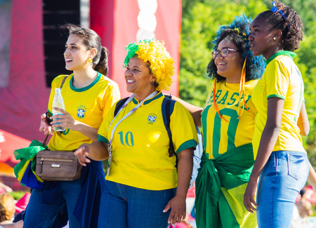 2 July 2018 Moscow, Russia. Fans of the Brazilian national team at the FIFA fans festival in the fan zone of the  FIFA World Cup 2018 in the Vorob'evy gory in Moscow.のeditorial素材