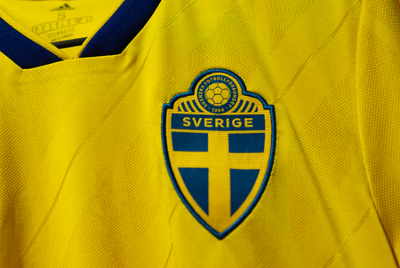 2 July 2018 Moscow, Russia The form of the Swedish national football team at the FIFA World Cup 2018のeditorial素材