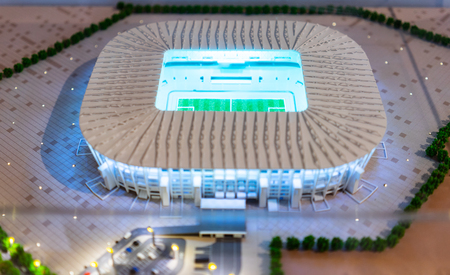 July 7, 2018, Moscow, Russia The mock-up of the Ras Abu Aboud Stadium at which the matches of the FIFA World Cup 2022 in Qatar will be held.のeditorial素材