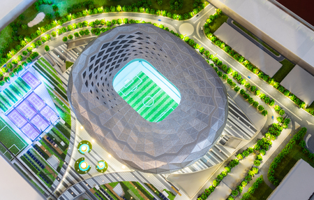 July 7, 2018, Moscow, Russia The mock-up of the Qatar Foundation Stadium at which the matches of the FIFA World Cup 2022 in Qatar will be held.のeditorial素材