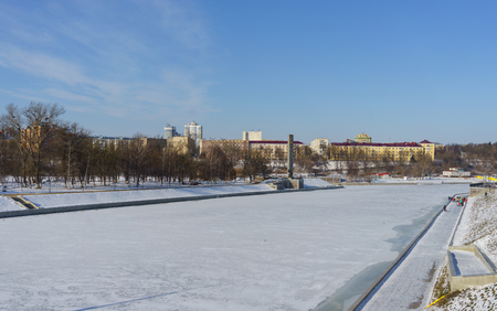 February 7, 2018 Orel, Russia Oka river under the ice in Orelのeditorial素材