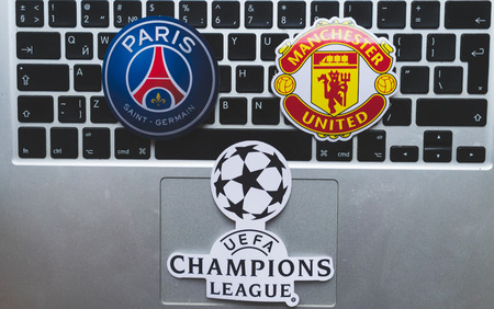 December 17, 2018. Nyon, Switzerland. Emblems of participants 1/8 finals of the UEFA Champions...