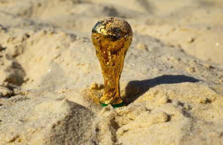 May 30, 2019. Doha, Qatar. FIFA World Cup trophy on sand. FIFA World Cup  2022  will be held in Qatar.のeditorial素材