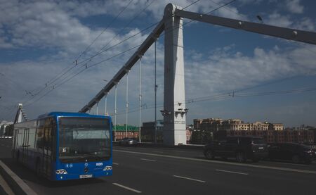 May 30, 2019, Moscow, Russia. Bus on the Crimean bridge in Moscow.