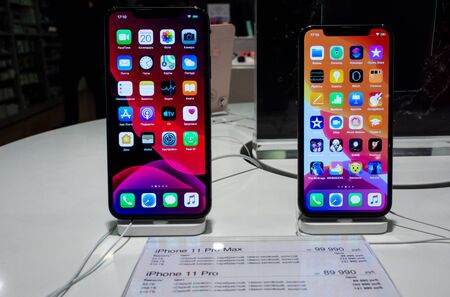 September 20 2019 Moscow, Russia. New phones from Apple Iphone 11 pro MAX and iPhone pro on the shop...