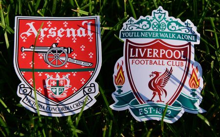September 6, 2019 London, UK. Emblems of English football clubs rsenal F.C. London  and Liverpool on...