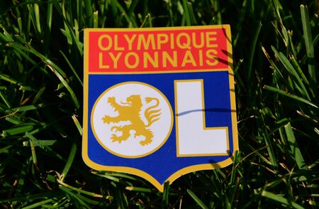 September 6, 2019 Istanbul, Turkey. The emblem of the French football club Olympique Lyonnais on the...