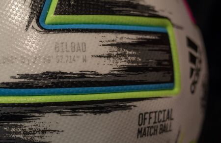 10 November 2019 London, United Kingdom. The inscription Bilbao on the official ball of the European football championship in 2020 Adidas Uniforia Competition.のeditorial素材