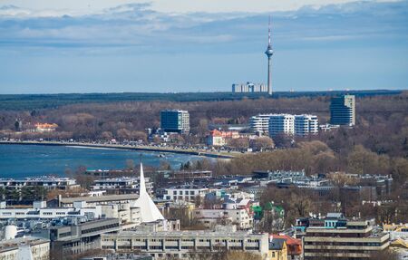 21 April 2018, Tallinn, Estonia. View of the Bay and the Tallinn TV tower from the observation deck.のeditorial素材