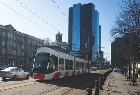19 April 2019 Tallinn, Estonia. Low-floor tram on one of the streets of the city.