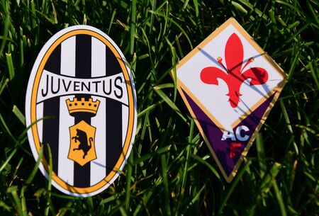 September 6, 2019, Turin, Italy. Emblems of Italian football clubs Juventus Turin and Fiorentina...