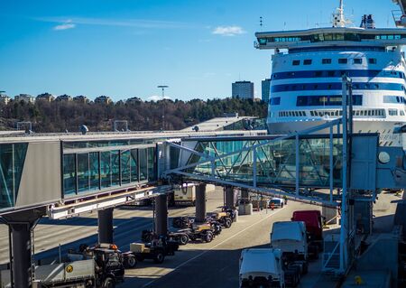 22 April 2019, Stockholm, Sweden. High-speed passenger and car ferry of the Estonian shipping concern Tallink Silja Europa in the port Vartahamnen in Stockholm.のeditorial素材