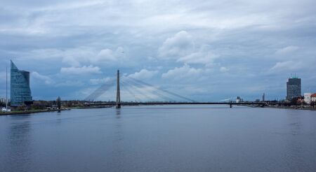 April 24, 2018 Riga, Latvia. Cable-stayed cable bridge over the Daugava River in Riga.のeditorial素材