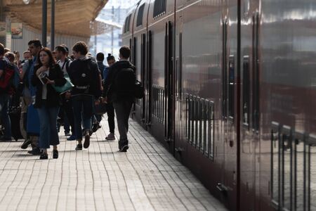 July 2, 2019 Moscow, Russia. Passengers on the platform of the Kiev railway station in Moscow before the departure of the train.のeditorial素材