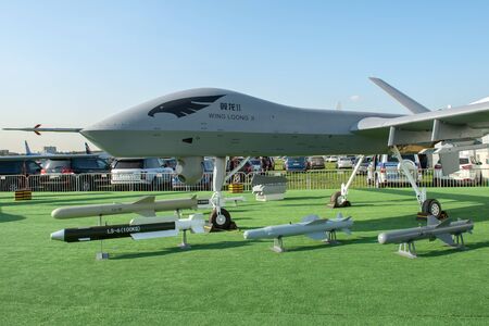 August 30, 2019. Zhukovsky, Russia. Chinese drone reconnaissance drone CAIG Wing Loong 2 at the International Aviation and Space Salon MAKS 2019.のeditorial素材