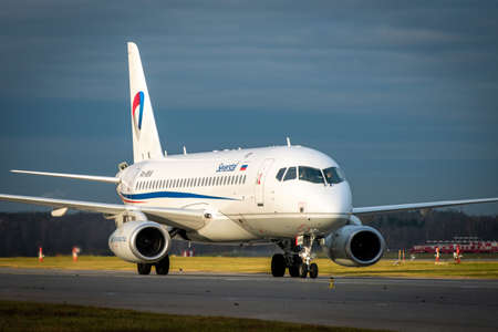 October 29, 2019, Moscow, Russia. Plane Sukhoi Superjet 100 Severstal Airlines at Sheremetyevo...