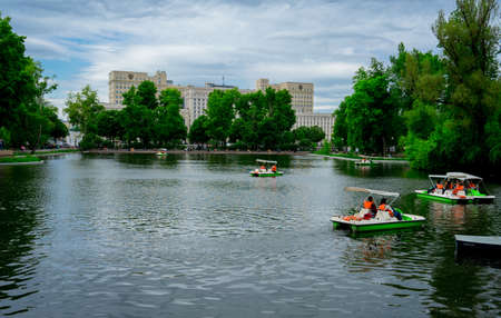 May 22, 2018, Moscow, Russia. Vacationers ride catamarans on the Big Golitsyn pond in Gorky Park in Moscow.のeditorial素材