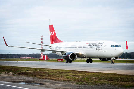 October 29, 2019, Moscow, Russia. Plane Boeing 737-800 Nordwind Airlines at Sheremetyevo airport in...