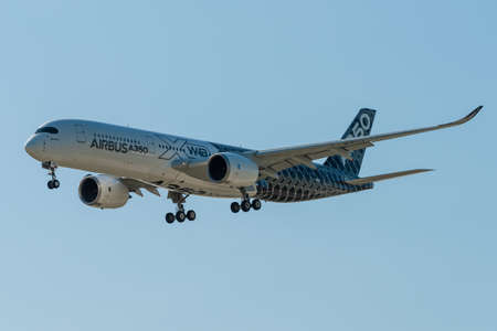 August 30, 2019. Zhukovsky, Russia. long-range wide-body twin-engine passenger aircraft Airbus A350-900 XWB Airbus Industrie at the International Aviation and Space Salon MAKS 2019.のeditorial素材