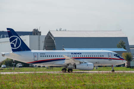 August 30, 2019. Zhukovsky, Russia. Russian short-range narrow-body passenger aircraft  Sukhoi...