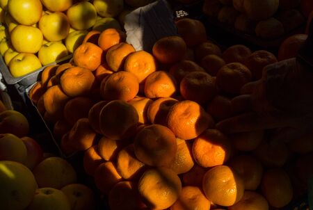 Tangerines in a strip of sunlight on the counter of the city market.の写真素材