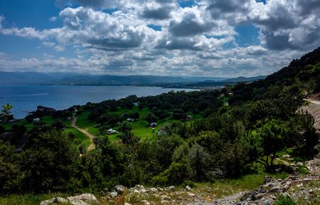 Camping for motorhomes on the wooded coast of the Mediterranean sea on the island of Cyprus.