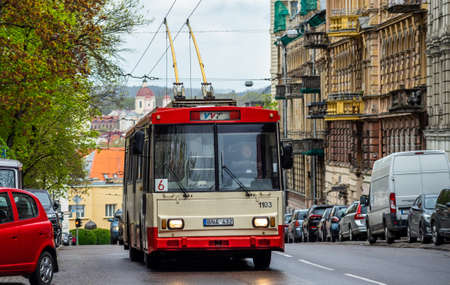 April 27, 2018 Vilnius, Lithuania. A trolleybus on one of the streets in Vilnius.のeditorial素材
