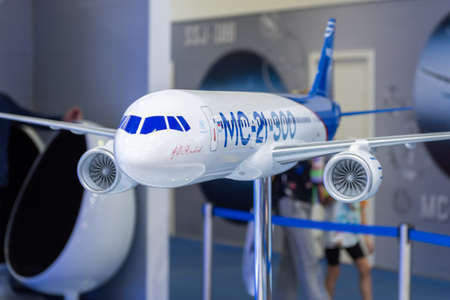August 30, 2019. Zhukovsky, Russia. Layout of a promising Russian medium-range narrow-body passenger aircraft Irkut MC-21 at the International Aviation and Space Salon MAKS 2019.のeditorial素材