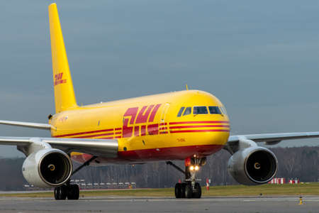 October 29, 2019, Moscow, Russia. Plane Tupolev Tu-204 Aviastar Airlines in livery DHL at Sheremetyevo airport in Moscow.のeditorial素材