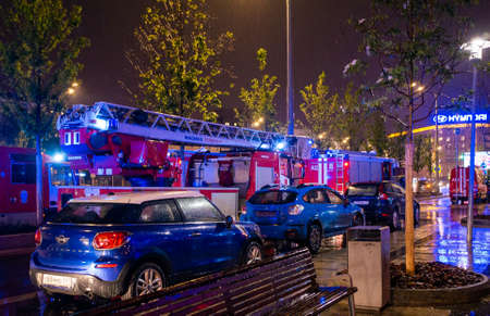 May 15, 2019, Moscow, Russia. Fire engines in the courtyard of the apartment building where the fire...