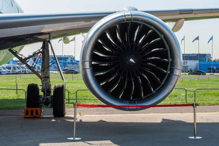 August 30, 2019. Zhukovsky, Russia. Aircraft dual-circuit turbofan engine under the wing of an...