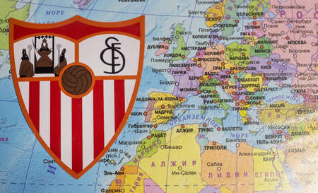 August 20, 2020 Cologne, Germany. The emblems of the 2019/2020 Europa League finalist Sevilla FC...