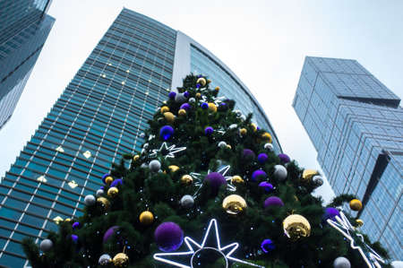 Christmas tree on the background of a skyscraper covered in fog.の写真素材