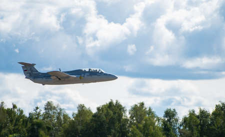 September 12, 2020, Kaluga region, Russia. The Aero L-29 Delfin training aircraft performs a...