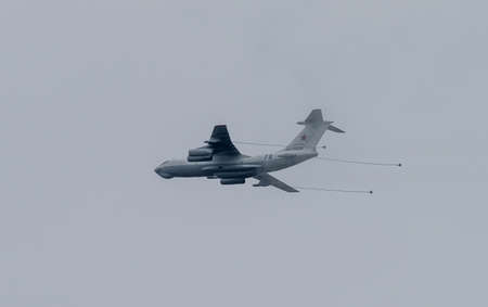 May 9, 2020, Moscow, Russia. Ilyushin Il-78 tanker plane in a cloudy sky.