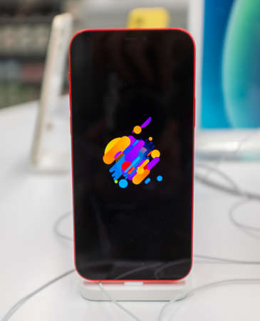 October 23, 2020, Moscow, Russia. New smartphone from Apple Iphone 12 on the counter of the store.のeditorial素材