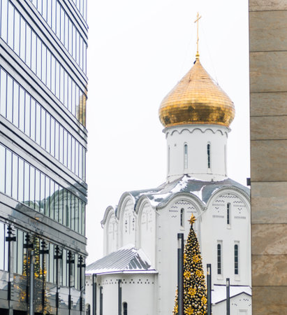December 14, 2020, Moscow, Russia. New Year tree at the Church of St. Nicholas the Wonderworker at Tverskaya Zastava.のeditorial素材