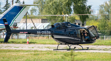 September 12, 2020, Kaluga region, Russia. Helicopter Bell 505 a training flight at the Oreshkovo...