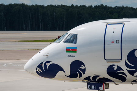 July 2, 2019, Moscow, Russia. Airplane Embraer ERJ-190 Buta Airways at Vnukovo airport in Moscow.のeditorial素材